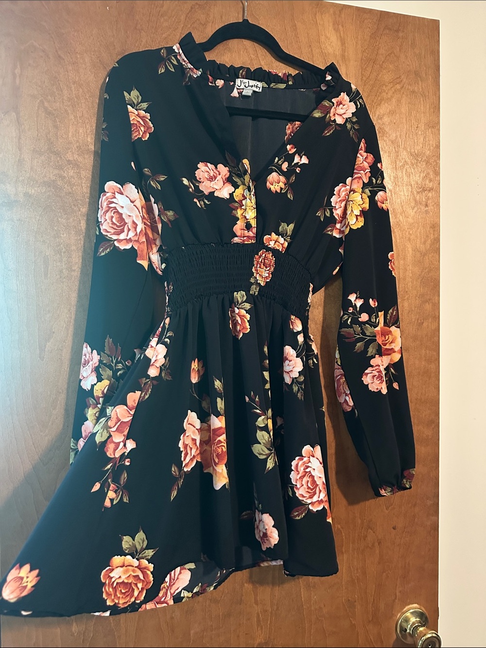 J for Justify Black Floral V-Neck Dress with Peach and Yellow Blooms - Picture 2 of 5